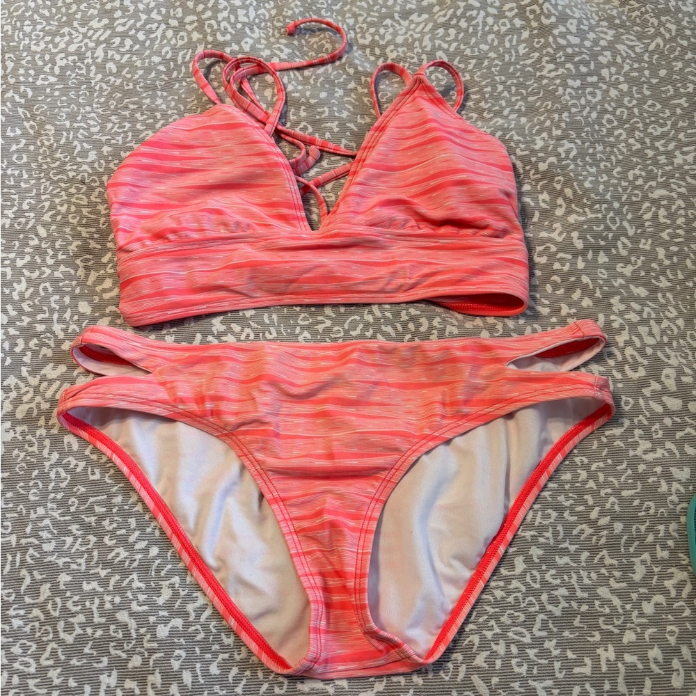 Athleta Pink Striped Bikini - bottoms size M Top size L